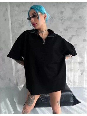 İlk El Grup Kadın Yarım Fermuarlı Tişört Düz Oversize T-Shirt - Siyah