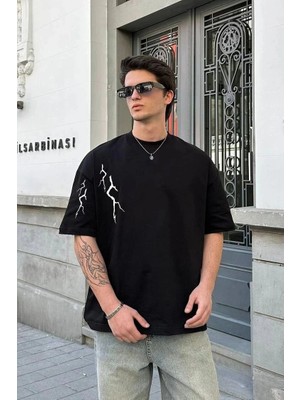 İlk El Grup Erkek Kısa Kol Tişört Bisiklet Yaka Yıldırım Baskılı Oversize T-Shirt - Siyah