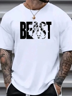İlk El Grup Erkek Baskılı Tişört Kısa Kol Bisiklet Yaka Oversize T-Shirt - Beyaz