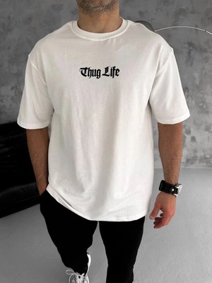 İlk El Grup Erkek Kısa Kol Yazlık Tişört Bisiklet Yaka Baskılı Oversize T-Shirt - Beyaz