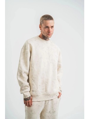 İlk El Grup Erkek 3 Iplik Pamuklu Yağ Yıkamalı Bisiklet Yaka Sweatshirt Oversize Hoodie - Krem