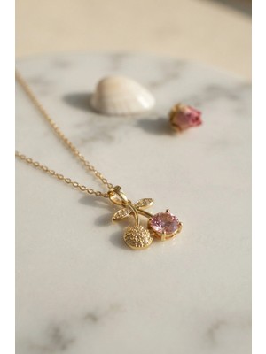 Techora Sale 316L Çelik Zincir Gold Renk Pembe Kiraz Model Kolye
