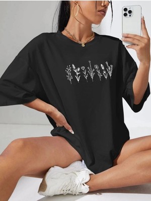 İlk El Grup Kadın Baskılı T-Shirt Kısa Kol Bisiklet Yaka Oversize Rahat Kalıp Tişört - Siyah