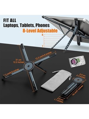 Maxi Trendy Masa Için Dizüstü Bilgisayar Standı, Ayarlanabilir Alüminyum Alaşım Manyetik Katlanabilir Telefon Standı, 8 Kademeli Yüksekliği Ayarlanabilir Dizüstü Bilgisayar Standı, Telefon, Tablet ve