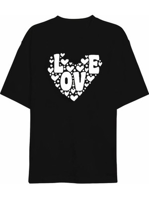 İlk El Grup 14 Şubat Sevgililer Günü Love Kalp Baskılı Oversize Bisiklet Yaka T-Shirt - Siyah