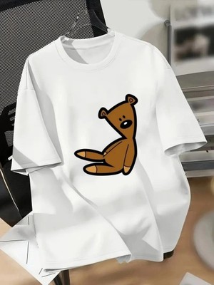 İlk El Grup Kadın Tişört Bisiklet Yaka Ayı Baskılı Yazlık Kısa Kol T-Shirt - Beyaz