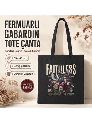 Tişört Kodu Faithless Çiçek ve Güvercin Baskılı Siyah Fermuarlı Gabardin Tote Çanta