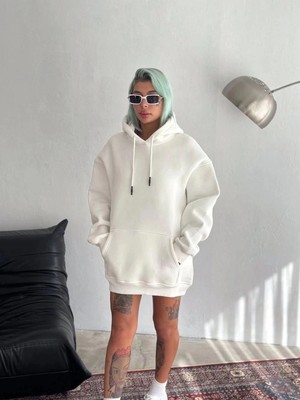 İlk El Grup Kadın Kapüşonlu Kanguru Cepli 3 Iplik Pamuklu Oversize Hoodie Sweatshirt - Beyaz