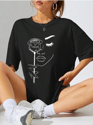 İlk El Grup Kadın Tişört Baskılı Kısa Kol Oversize T-Shirt - Siyah
