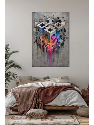 Geometrik Küp Baskılı Cam Tablo – Renk Akışlı 3D Modern Duvar Dekoru