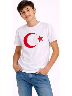 İlk El Grup Erkek Çocuk Tişört Bisiklet Yaka Ay Yıldız Bayrak Baskılı T-Shirt - Beyaz