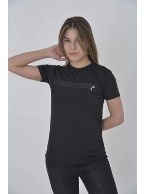 İlk El Grup Kadın Gögüs Fermuarlı T-Shirt Kısa Kol Bisiklet Yaka Slimfit Tişört - Siyah
