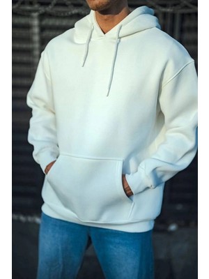 İlk El Grup Erkek 3 Iplik Pamuklu Kapüşonlu Basic Sweatshirt Hoodie - Beyaz