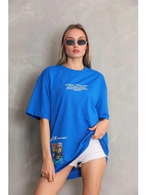 İlk El Grup Kadın Bisiklet Yaka Baskılı Oversize T-Shirt - Mavi