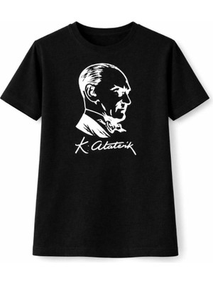 İlk El Grup Erkek Çocuk Atatürk Baskılı Tişört Kısa Kollu Bisiklet Yaka T-Shirt - Siyah