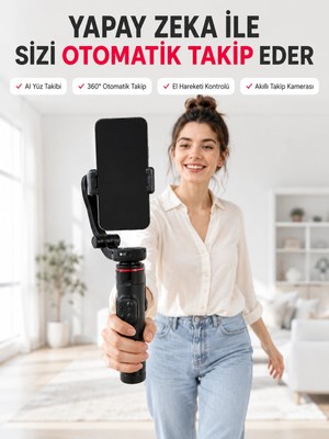 Tech Butiq Aı Yüz Takip Özellikli Gimbal Selfie Stick 360° Dönebilen Telefon Tutucu Uzayabilir Bluetooth Ku