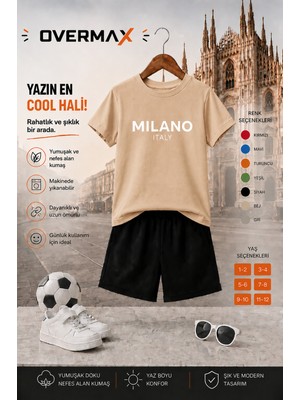 Overmax Milano Baskılı Çocuk Takım – Tişört & Şort 2’li Kombin | 1-12 Yaş Trend Yazlık Takım