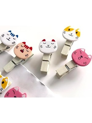 Maxi Trendy Sevimli Kedi Tasarımlı Ahşap Notluk Mandal, Çok Renkli, 30 Adet, Dekoratif Fotoğraf Kıskacı, Dayanıklı Ahşap ve Metal Malzeme 30 Adet