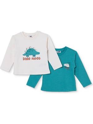 Hellobaby Erkek Bebek 2li Tişört Dinozor Baskılı Bisiklet Yaka Long Sleeve