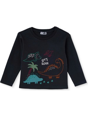 Hellobaby Erkek Bebek Tişört Dinozor Baskılı Bisiklet Yaka Long Sleeve