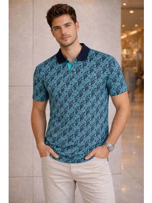 İlk El Grup Erkek Pike Kumaş Polo Yaka Palmiye Desenli Tişört Kısa Kol Yazlık T-Shirt - Turkuaz
