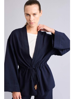 DeFacto Keten Karışımlı Relax Fıt V Yakauzun Kollu Yeşil KIMONO F6151AX26SM