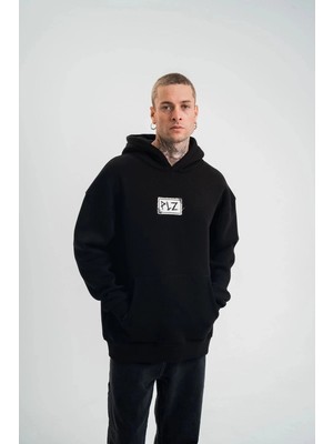 İlk El Grup Erkek 3 Iplik Pamuklu Kapüşonlu Patchli Nakışlı Hoodie Sweatshirt - Siyah