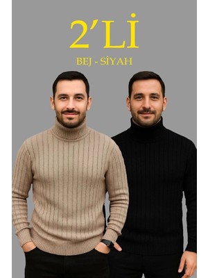 İlk El Grup Erkek Fitilli Kazak Tam Boğazlı Balıkçı Yaka Triko 2'li Set Bej-Siyah