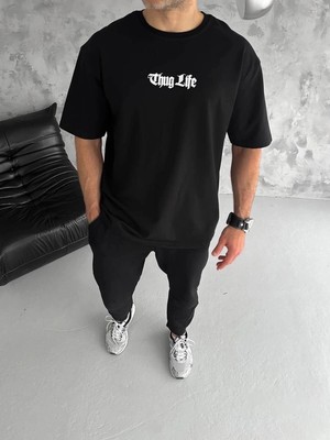 İlk El Grup Erkek Kısa Kol Yazlık Tişört Bisiklet Yaka Baskılı Oversize T-Shirt - Siyah