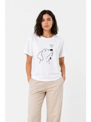 İlk El Grup Kadın Köpek Figürlü Minimal Baskılı Tişört Kısa Kol Yazlık T-Shirt - Beyaz