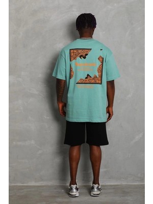 İlk El Grup Erkek Baskılı Tişört Kısa Kol Bisiklet Yaka Oversize T-Shirt - Mint Yeşili