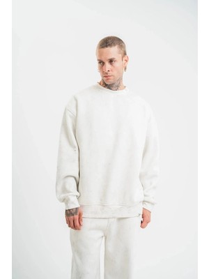 İlk El Grup Erkek 3 Iplik Pamuklu Bisiklet Yaka Yıkamalı Sweatshirt - Beyaz