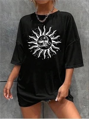 İlk El Grup Kadın Baskılı T-Shirt Kısa Kol Bisiklet Yaka Regular Fit Rahat Kalıp Tişört - Siyah