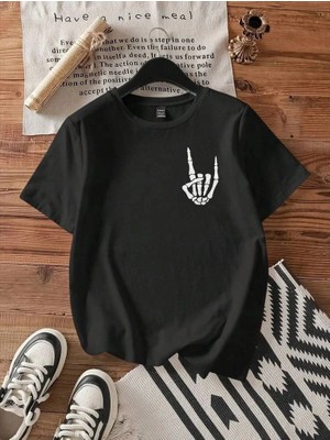 İlk El Grup Kadın Baskılı T-Shirt Kısa Kol Bisiklet Yaka Oversize Rahat Kalıp Tişört - Siyah