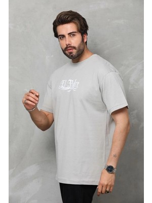 İlk El Grup Erkek Kısa Kol Yazlık Tişört Bisiklet Yaka Baskılı Oversize T-Shirt - Gri