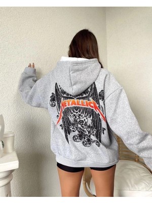 İlk El Grup Kadın 2 Iplik Metallıca Baskılı Kapüşonlu Sweatshirt Hoodie - Gri