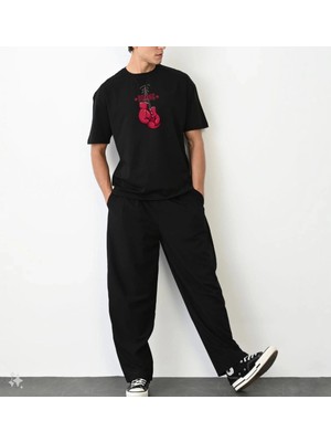 İlk El Grup Erkek Boks Eldiven Baskılı T-Shirt Kısa Kol Bisiklet Yaka Regular Tişört - Siyah