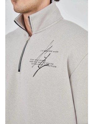İlk El Grup Erkek Yarım Fermuarlı Baskılı 3 Iplik Pamuklu Sweatshirt - Boyalı Gri