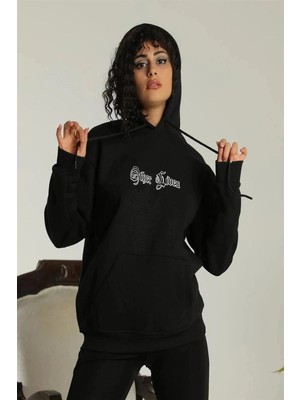 İlk El Grup Kadın Oversize Kapüşonlu Cepli Baskılı 3 Iplik Pamuklu Hoodie Sweatshirt - Siyah