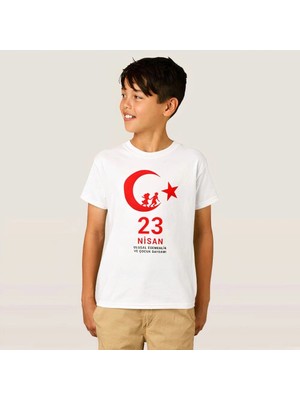 İlk El Grup Çocuk 23 Nisan Ulusal Egemenlik ve Çocuk Bayramı Baskılı Bisiklet Yaka T-Shirt - Beyaz