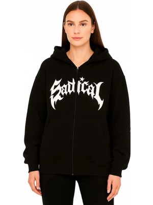 İlk El Grup Kadın Kapüşonlu 3 Iplik Şardonlu Önü Baskılı Fermuarlı Oversize Sweatshirt - Siyah