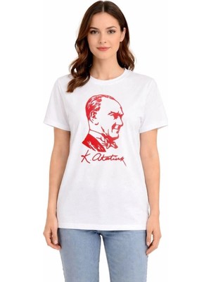 İlk El Grup Kadın Atatürk Baskılı Tişört Kısa Kollu Bisiklet Yaka T-Shirt - Beyaz