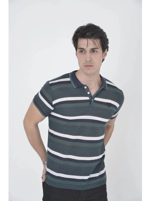 İlk El Grup Erkek Polo Yaka Tişört Slim Fit Dokuma Çizgili  kısa Kol T-Shirt - Haki