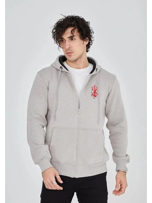 İlk El Grup Erkek 3 Iplik Pamuklu Kapüşonlu Tam Fermuarlı Cepli Hoodie Sweatshirt - Boyalı Gri