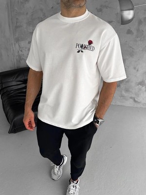 İlk El Grup Erkek Kısa Kol Yazlık Tişört Bisiklet Yaka Baskılı Oversize T-Shirt - Beyaz