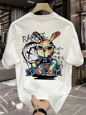 İlk El Grup Erkek T-Shirt Tavşan Baskılı Kısa Kollu Tişört - Beyaz