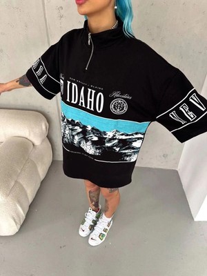 İlk El Grup Kadın Baskılı Yarım Fermuarlı kısa Kol T-Shirt - Siyah