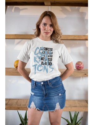 İlk El Grup Kadın Özel Baskılı Modern Fit %100 Pamuk Bisiklet Yaka T-Shirt