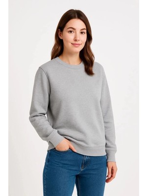 İlk El Grup Kadın 3 Iplik Pamuklu Düz Bisiklet Yaka Sweatshirt - Gri