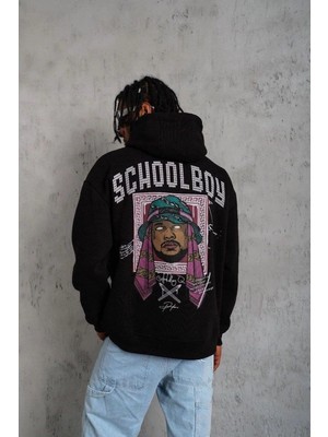 İlk El Grup Erkek 3 Iplik Pamuklu Kapüşonlu Baskılı Cepli Oversize Sweatshirt Hoodie - Siyah